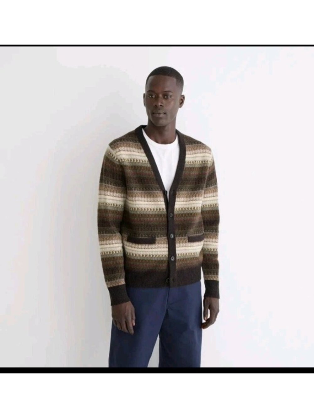 J Crew 100% Wool Fair Isle Cardigan Sweater Chocolate Forest Brown Mens S Preppy
